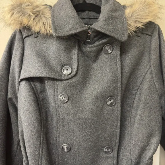 NWT | Alpine Swiss Parka Trench Pea Coat Belt Jacket Faux Fur Hood | Gray |Small - Picture 5 of 13
